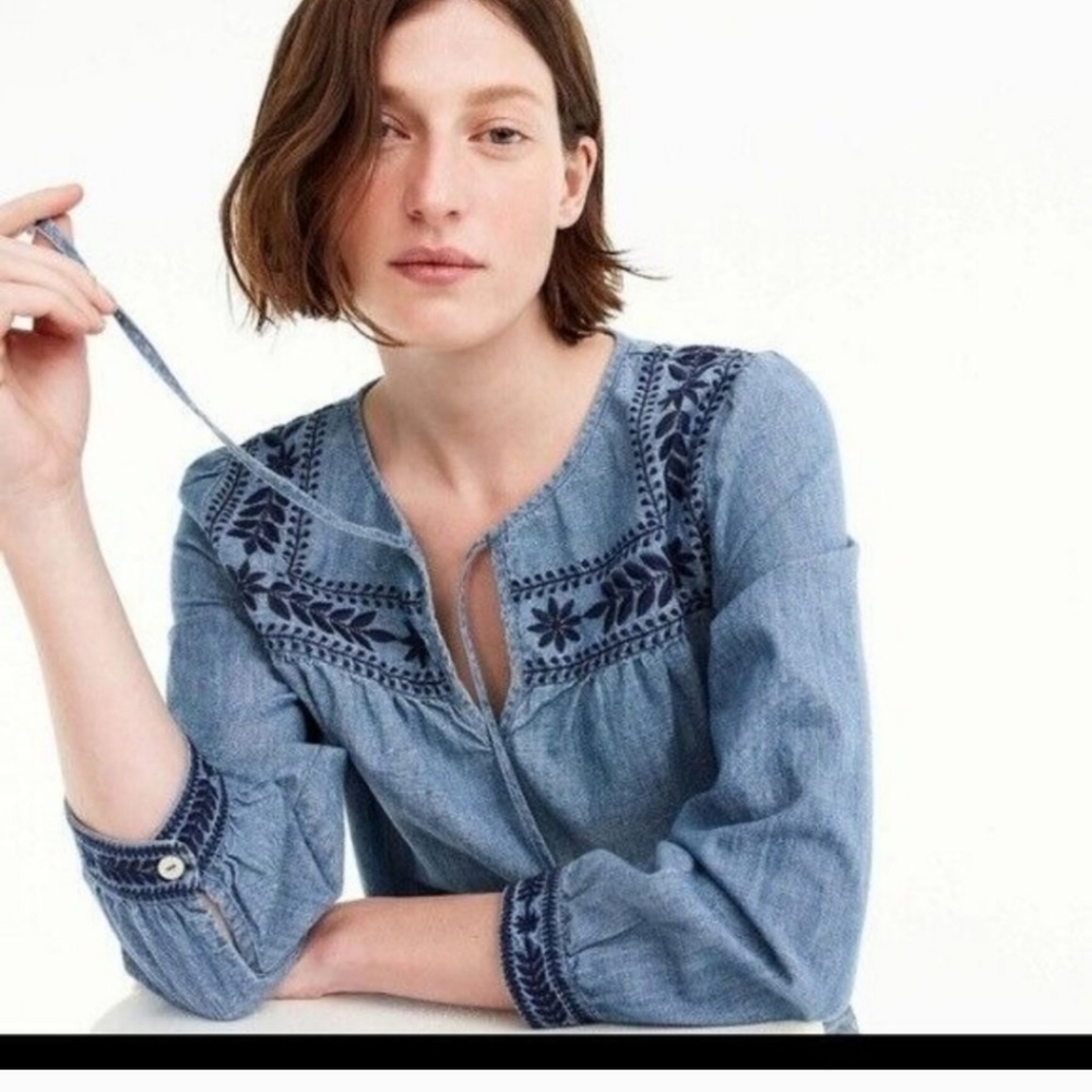 J.Crew bohemian denim embroidered top